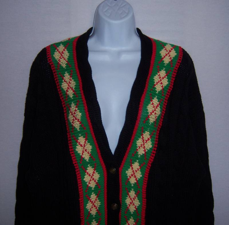 Vintage Traditionelle Handels Co. Handgestrickt Schwarz Grün Rot Gelb Argyle Zopfmuster Baumwolle Pullover Extra Groß Xl Deadstock Neu Mit Etikett von VintagePrepGirl