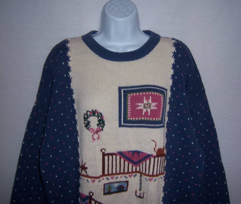 Vintage Woolrich Kornblumen Blau Rosa Elfenbein Aus Weiß Home Sweet Urlaub Winter Birdseye Muster Damen Pullover Extra Groß Xl Geschenk von VintagePrepGirl