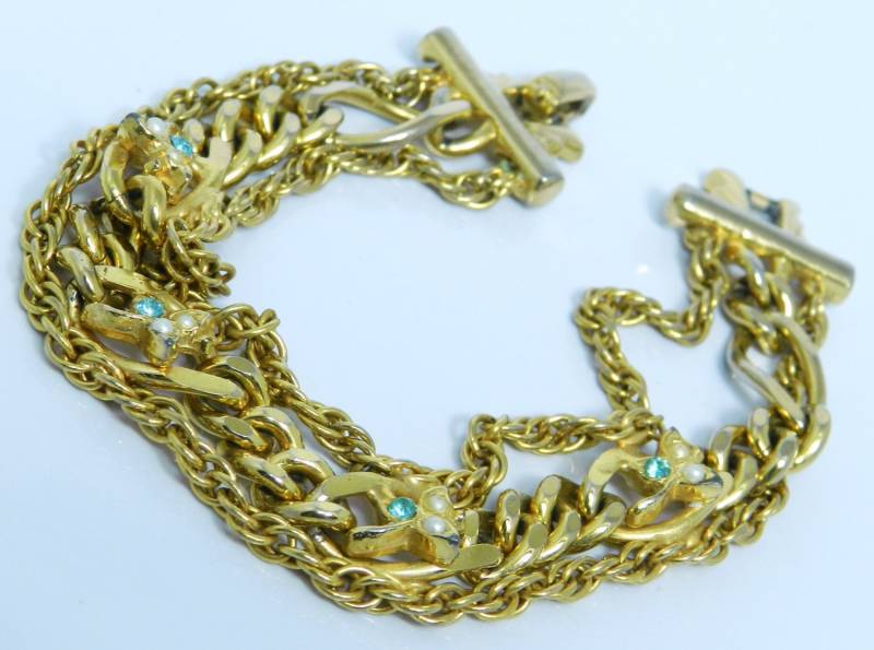 Vintage Chunky Triple Gold Kette Armband Mit Kleinen Perlen Und Aqua Rhinestone von VintagePresentations