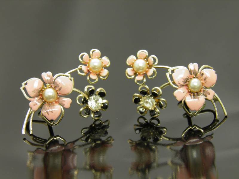 Vintage Einzigartige Rosa Und Schwarz Emailliert Schraube Zurück Ohrringe Mit Perlen Strass-Zentren von VintagePresentations