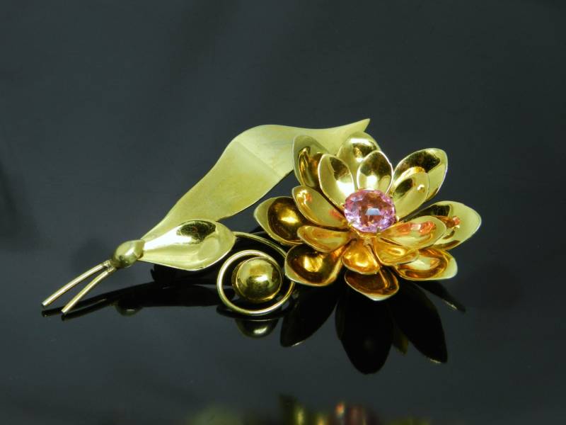 Vintage Jordan Sterling Florale Brosche in Gold Vermeil Setzen Akzente Mit Rosa Strass von VintagePresentations