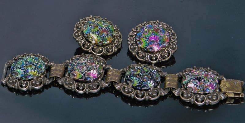 Vintage Judy Lee Bunte Glaskunst Chunky 6 "Anweisung Armband Und Ohrringe Set von VintagePresentations