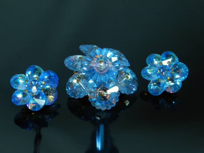 Vintage Lebendige Peacock Blue Rivoli Brosche Und Ohrringe Set Vintage Lebendige Peacock Blue Rivoli Brosche Und Ohrringe Set von VintagePresentations