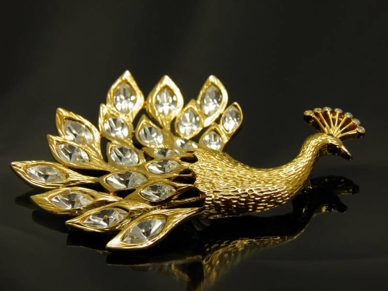 Wunderschöne Vintage Stolzgeschwellter Goldtone Pfau Mit Navette Strass Gefieder Brosche Pin Wunderschöne Vintage Stolzgeschwellter Goldtone Pfau Mit Navette Strass Gefieder Brosche Pin von VintagePresentations