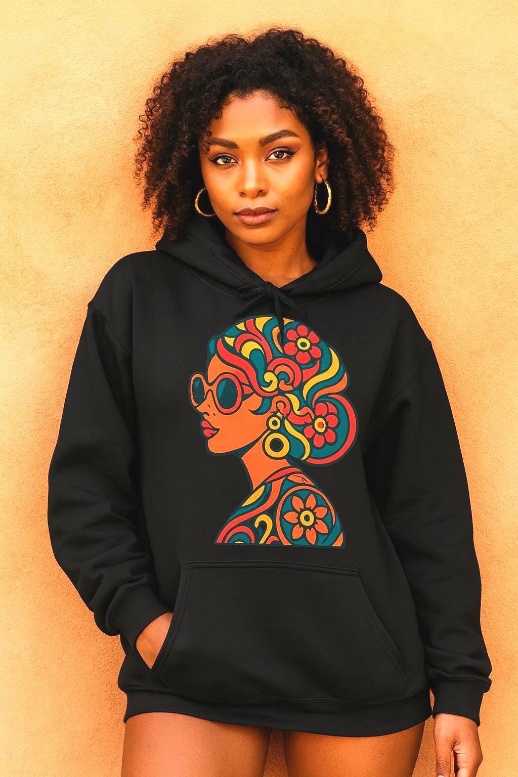 Retro Frau Hoodie - Bunter 70Er Jahre Stil, Vintage Afro Design, Unisex Kapuzenpullover, Auffälliger Streetwear Look, Geschenk Für Modefans von VintageRebelMind