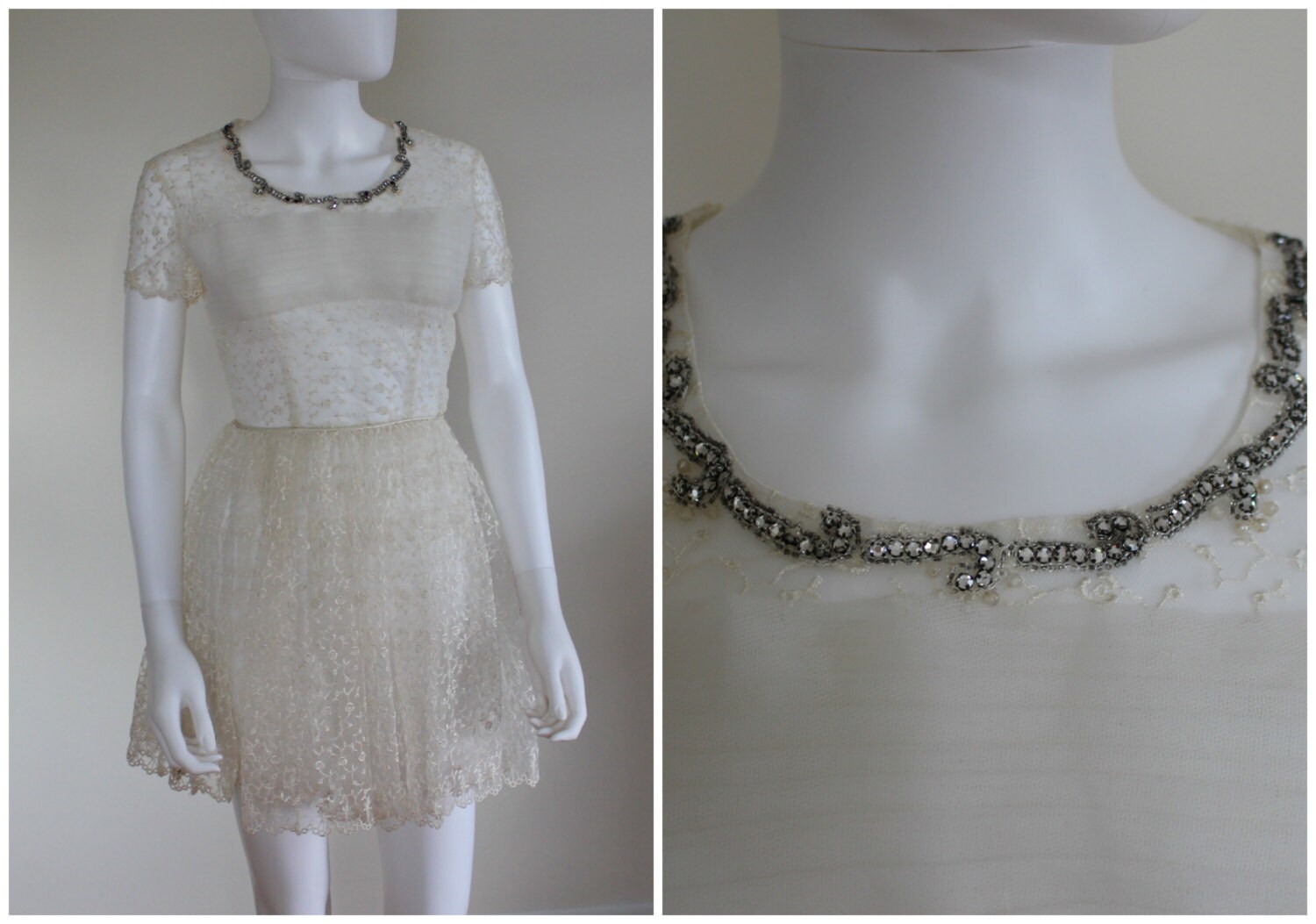 Vintage 1950 Elfenbein Spitze Schiere Bestickt Retro Party Braut Mini Rock Skater Kleid Mit Diamant Strass Kragen Unmarkiert Größe 0/2 von VintageRiteCo