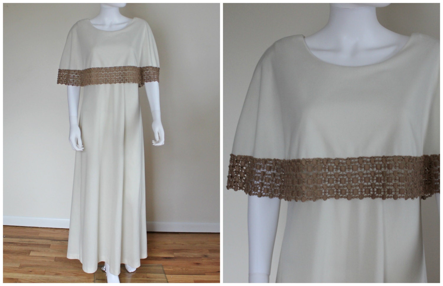 Vintage 1960Er Creme Braun Taupe Hippie Boho Flowy Maxi Kleid Mit Häkeln Fransen Befestigt Capulet Cape Unmarkiert Größe S-L von VintageRiteCo