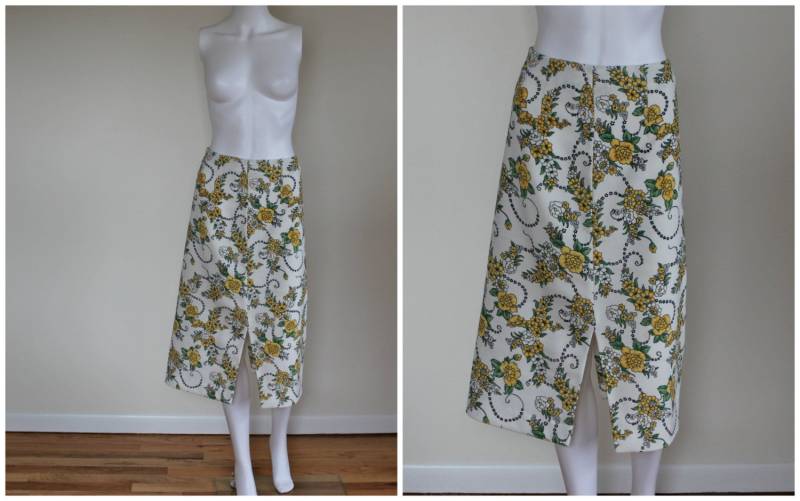 Vintage 1960Er Jahre Weiß Gelb Grün Blumen Bleistift Wiggle Midi Rock Mit Vorder - Und Rückseite Schlitz Reißverschluss Hinten Unmarkiert Größe von VintageRiteCo