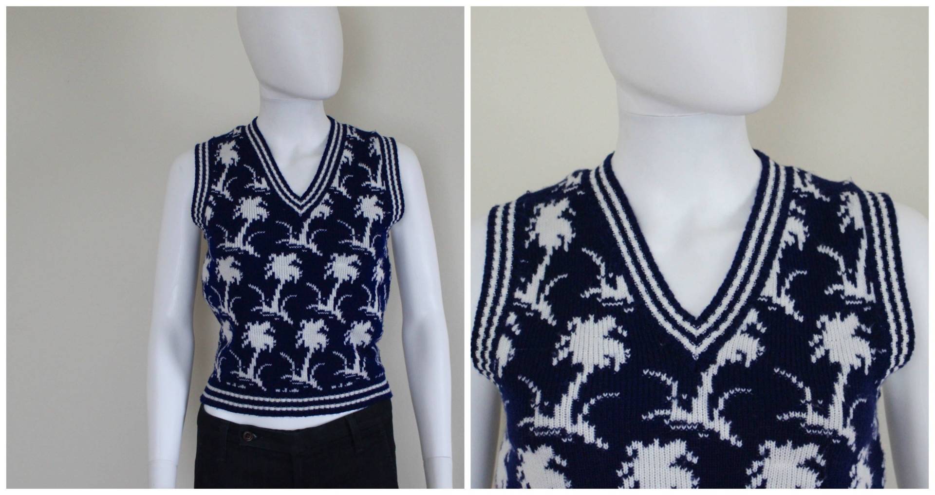 Vintage 1960Er Marine Blau Weiß Gestreifte Palme Tropical Print Geek Nerd Hipster Ausgestattet Pullover Weste Von Miss Holly Größe S von VintageRiteCo