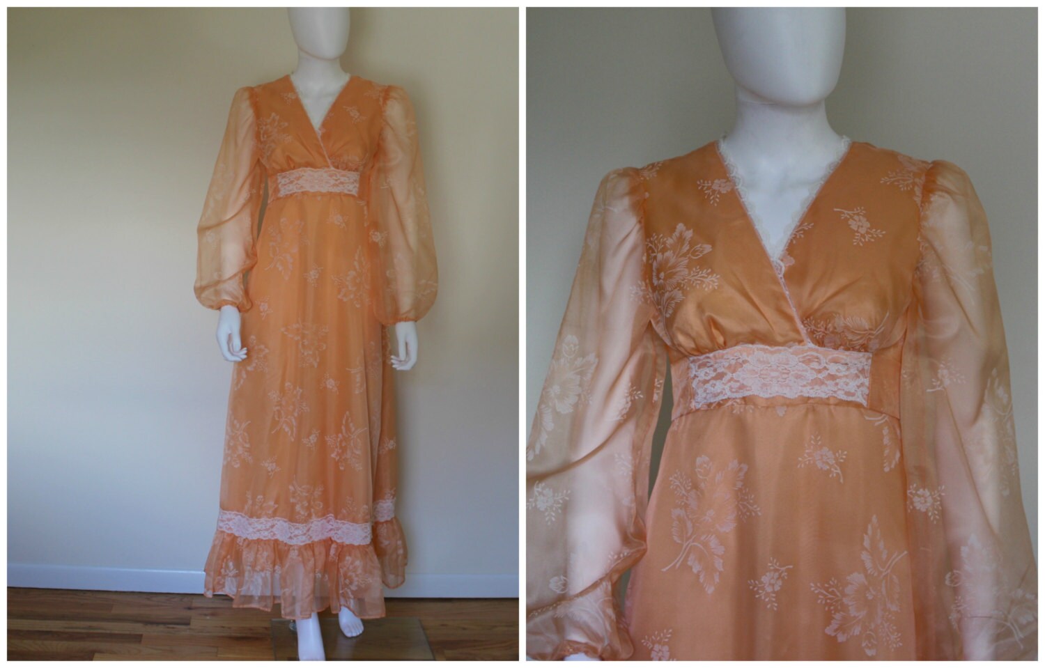 Vintage 1960Er Pfirsich Orange Weiß Blumen Blumendruck Sheer Boho Hippie Spitze Langarm Maxi Kleid Markiert Rose Lot 7/8 Größe Small/Medium von VintageRiteCo