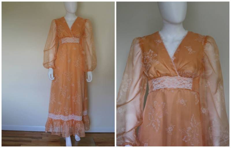 Vintage 1960Er Pfirsich Orange Weiß Blumen Blumendruck Sheer Boho Hippie Spitze Langarm Maxi Kleid Markiert Rose Lot 7/8 Größe Small/Medium von VintageRiteCo