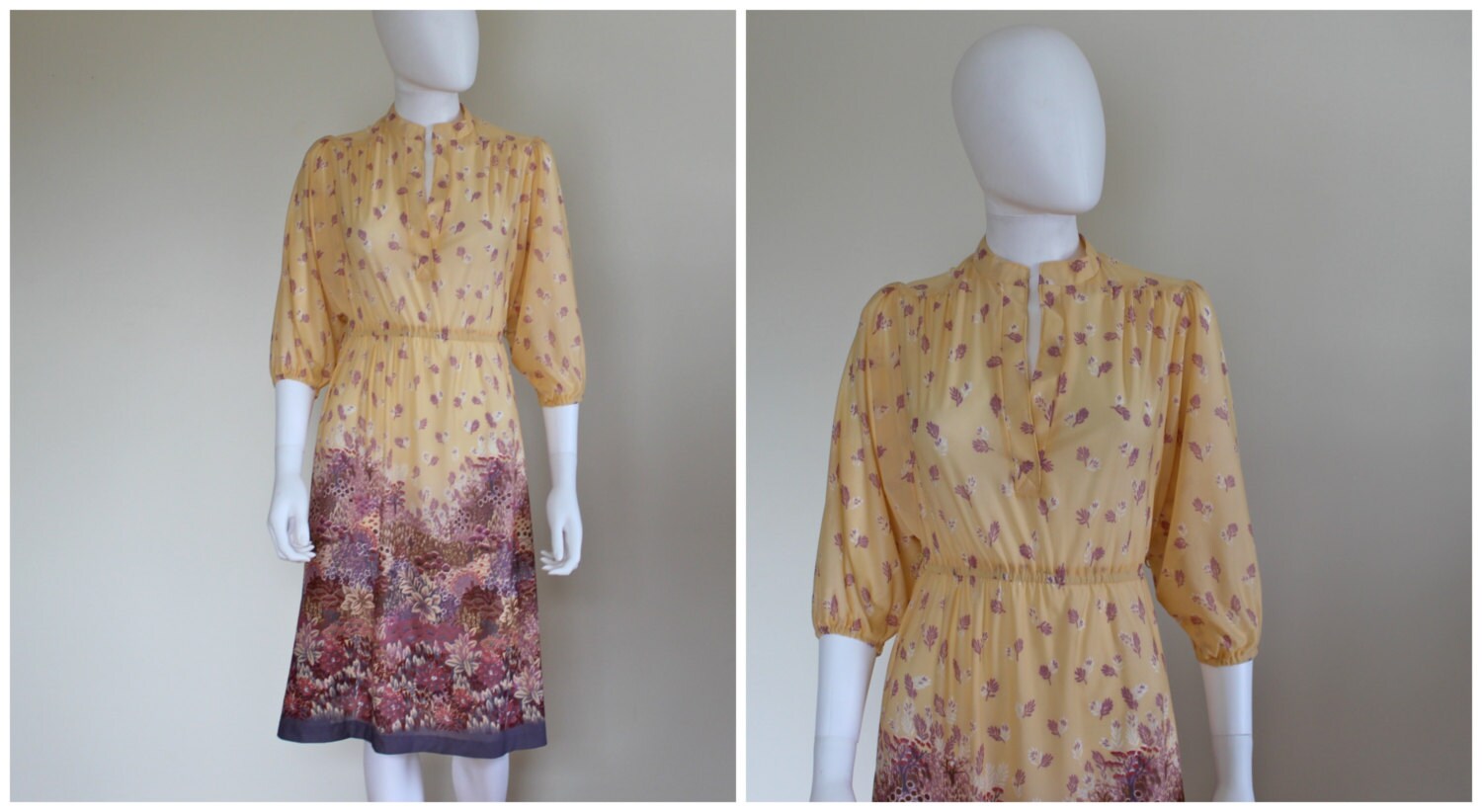 Vintage 1960Er Schiere Boho Gelb Lila Blumendruck 3/4 Ärmel Midi Hippie Kleid Unmarkiert Größe S von VintageRiteCo