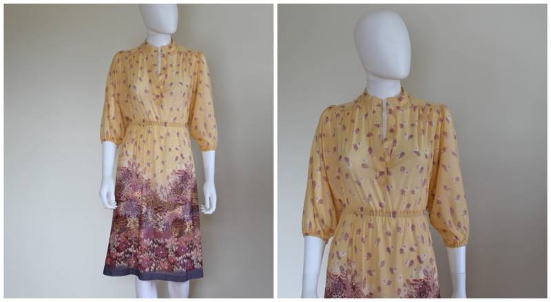 Vintage 1960Er Schiere Boho Gelb Lila Blumendruck 3/4 Ärmel Midi Hippie Kleid Unmarkiert Größe S von VintageRiteCo