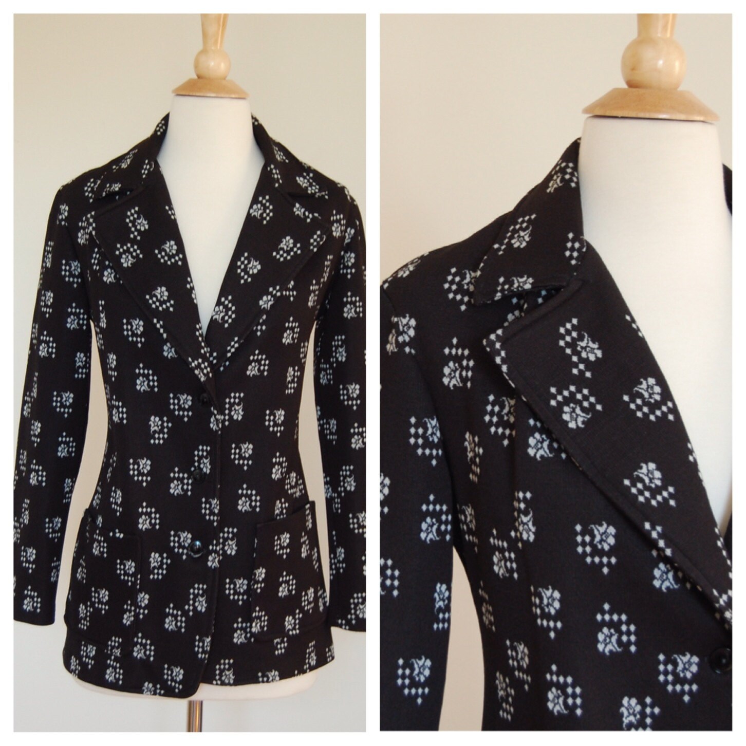 Vintage 1960Er Schwarz Weißer Print Langarm-Blazer Retro Rockabilly Button Up Von Bradley Größe Medium Large von VintageRiteCo