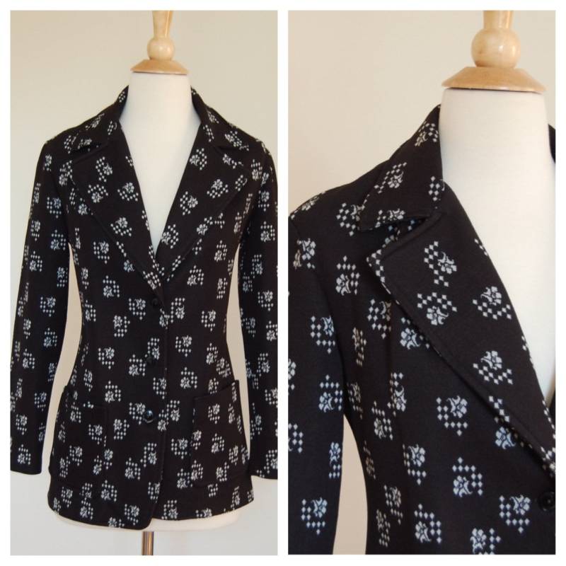 Vintage 1960Er Schwarz Weißer Print Langarm-Blazer Retro Rockabilly Button Up Von Bradley Größe Medium Large von VintageRiteCo