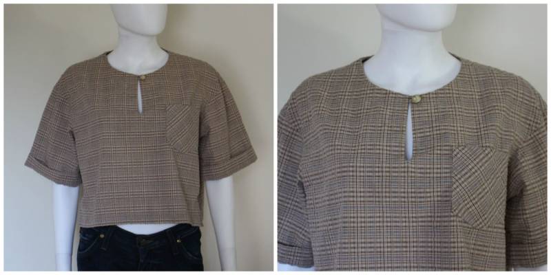 Vintage 1970 Taupe Kariert Kurzarm Pullover Top Bluse Mit Schlüsselloch Knopf Vorne Von Country Suburban 14 Us Medium von VintageRiteCo