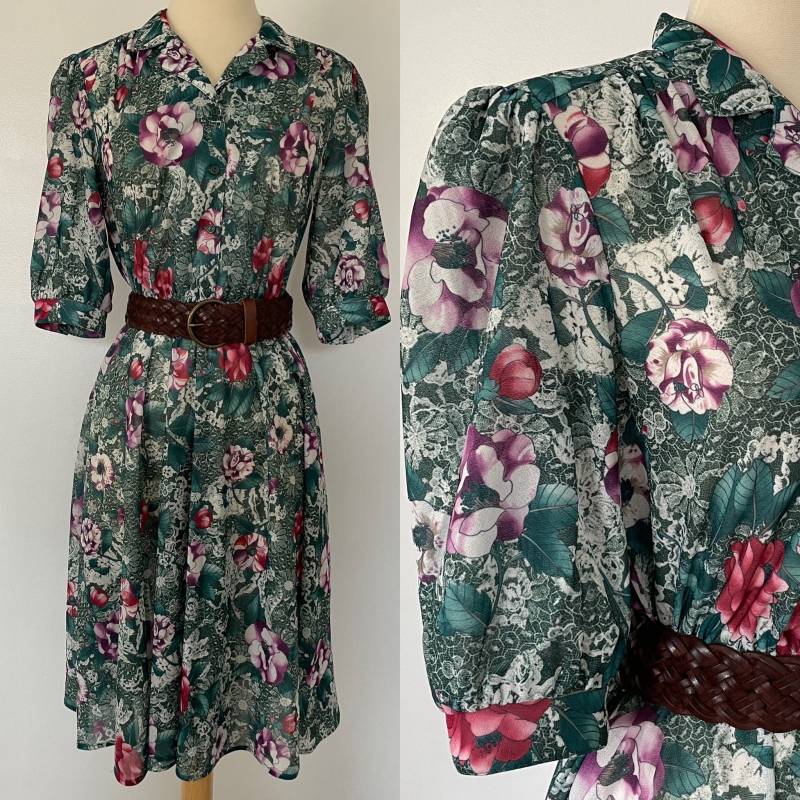 Vintage 1970Er Jahre California Looks Kleid Floral Teal Größe S/M von VintageRiteCo