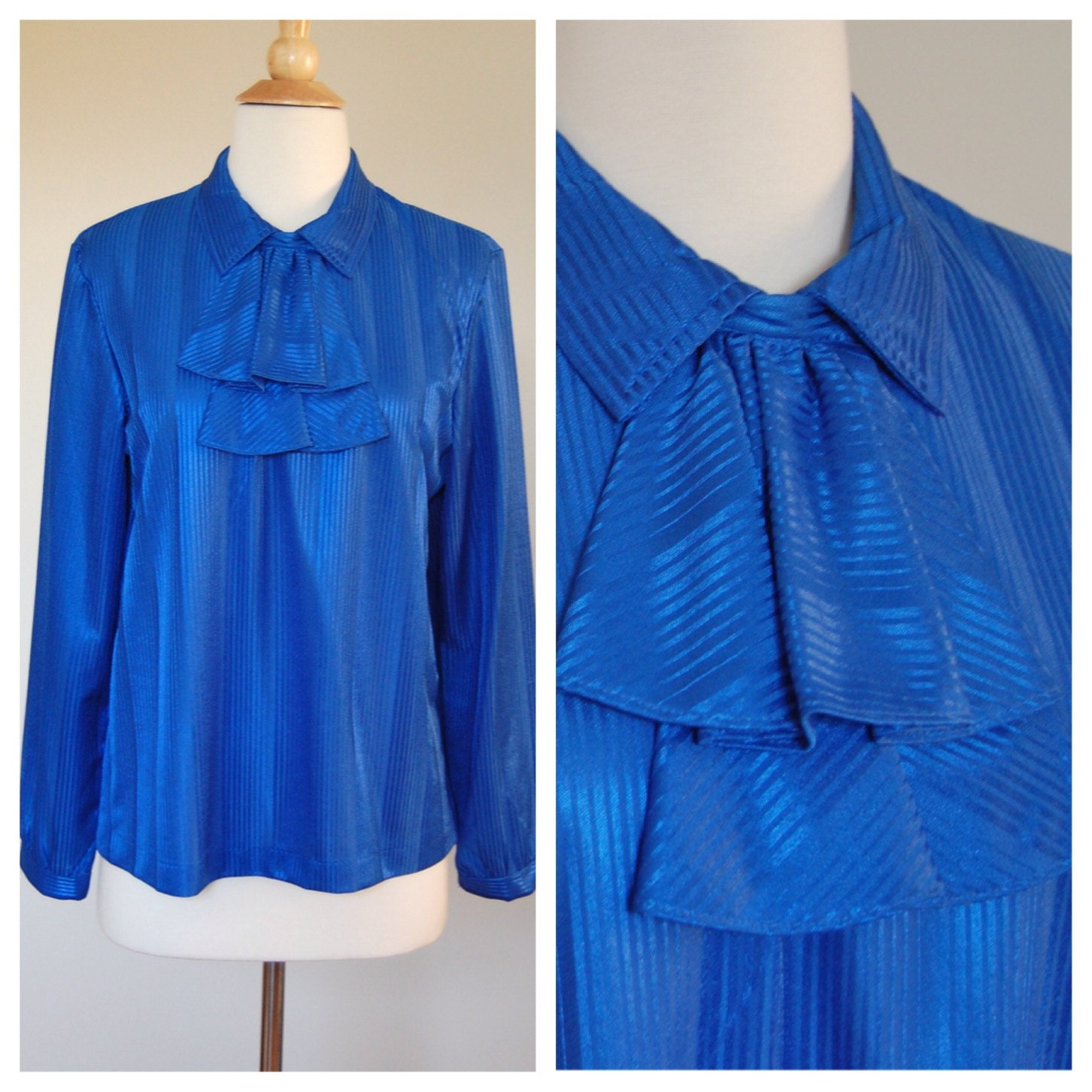 Vintage 1970Er Saphire Blau Langarm Top Bluse Mit Abnehmbaren Rüschen Kragen Ascot Retro Disco Edwardian Von Lewmar Creations M/L von VintageRiteCo