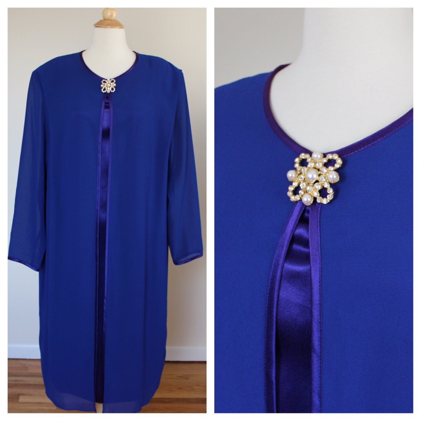 Vintage 1980Er Royal Blau Lila Luxus Seidiges Layered Abendkleid Kleid Mit Befestigter Perle Und Strass Gold Brosche Von After Dark L-xl von VintageRiteCo