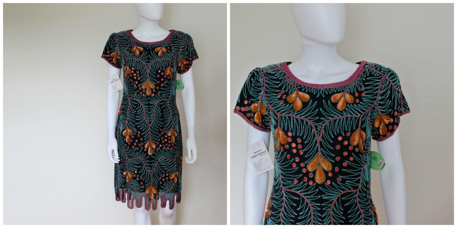 Vintage 1980Er Seide Perlen Pailletten Deadstock Neu Mit Etikett Türkis Orange Rosa Schwarz Flapper Pfau Kurzarm Midi Kleid Größe Vtg Xl Modern 6 von VintageRiteCo