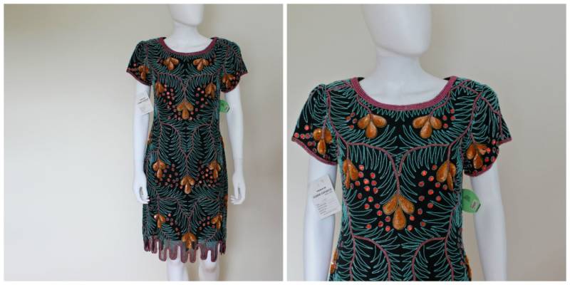 Vintage 1980Er Seide Perlen Pailletten Deadstock Neu Mit Etikett Türkis Orange Rosa Schwarz Flapper Pfau Kurzarm Midi Kleid Größe Vtg Xl Modern 6 von VintageRiteCo