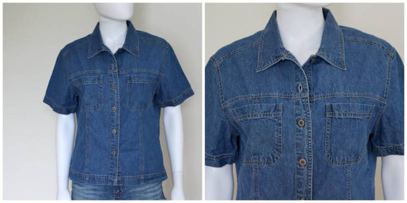 Vintage 1990Er Blue Denim Button Up Kurzarm Kragen Hemd Von Bill Blass Jeans Größe Medium 100 % Baumwolle von VintageRiteCo