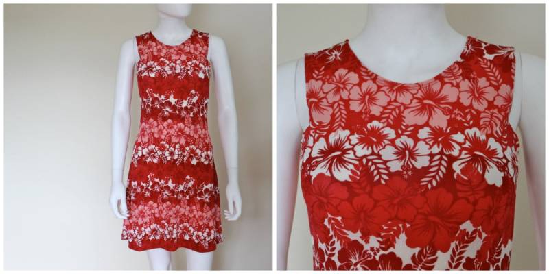Vintage 1990Er Jahre Kirschrot Weiß Hawaii Blumendruck Form Passendes Ärmelloses Mini Skater Kleid Von Royal Creations Größe S/M Made In von VintageRiteCo