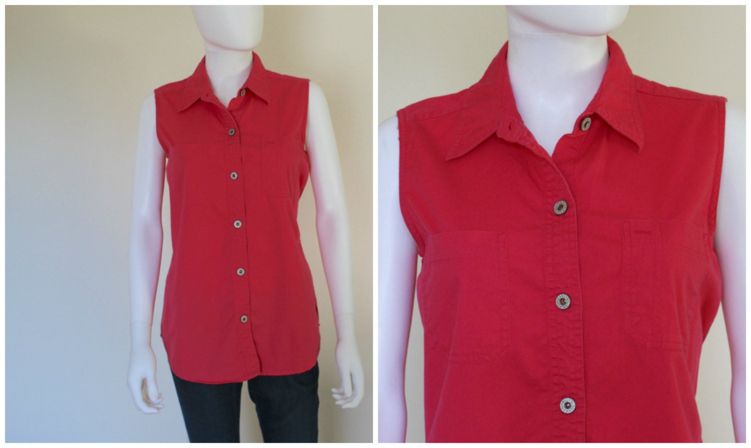 Vintage 1990Er Jahre Rosa Lachs Ärmelloses Button Up Kragen Shirt Top Bluse Von Bill Blass Jeans Größe Small 100% Baumwolle von VintageRiteCo