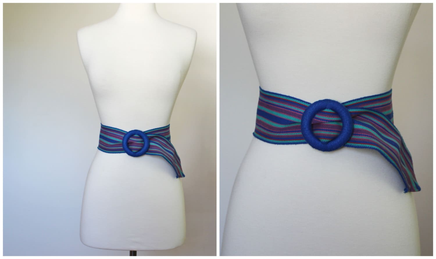 Vintage Blau Aqua Lila Breites Tuch Gestreift Boho Hippie Blumenkind Gürtel Mit Runder Kreis Garnschnalle 34 Zoll von VintageRiteCo