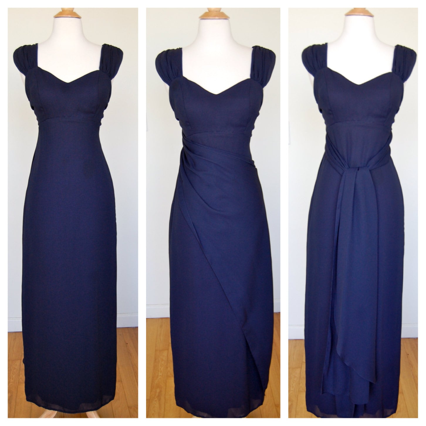 Vintage Dark Midnight Navy Blau Abendkleid Kleid Formale Union Mit Doppel Extra Lange Schärpe Am Rücken Schatz Ausschnitt 1950's von VintageRiteCo