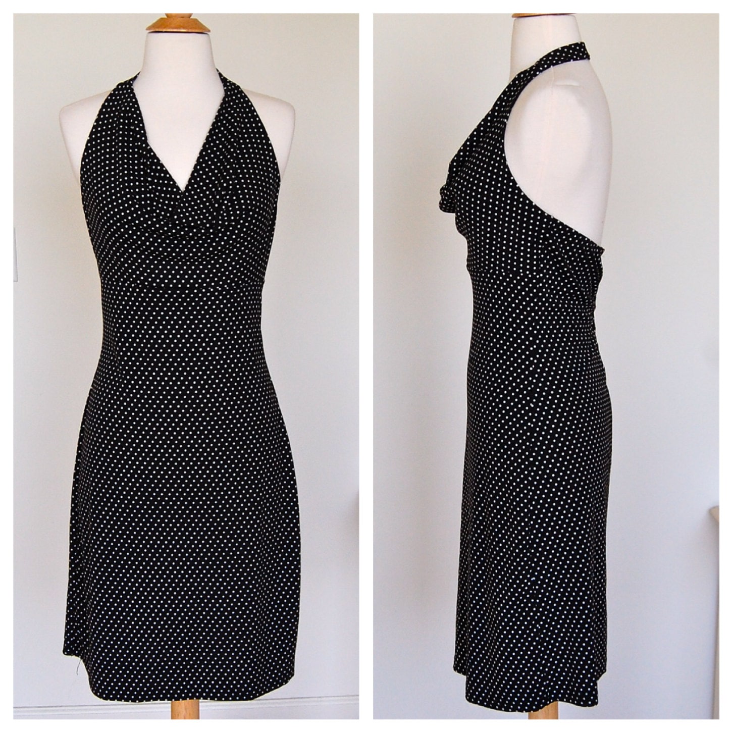 Vintage Polka Dot Schwarz Und Weiß Halfter Drapierter Ausschnitt Retro 1950 Gwen Stefani Stil Kleid 1990 Lz Byer California Größe Medium von VintageRiteCo