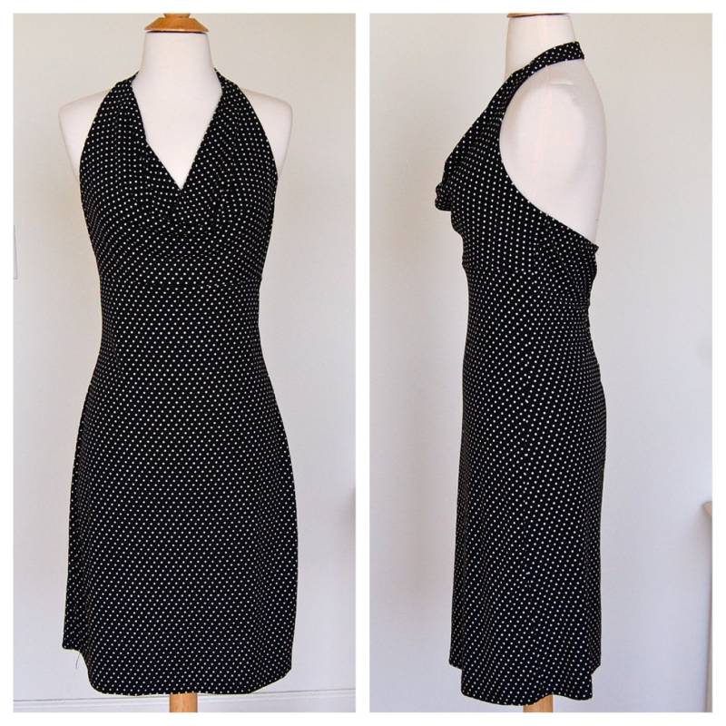 Vintage Polka Dot Schwarz Und Weiß Halfter Drapierter Ausschnitt Retro 1950 Gwen Stefani Stil Kleid 1990 Lz Byer California Größe Medium von VintageRiteCo