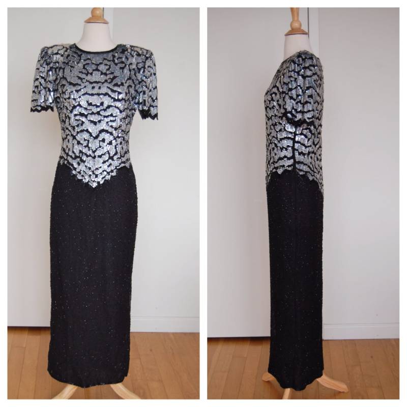 Vintage Silber Und Schwarz Pailletten Perlen 40Er Stil Kleid Prom Formale Hochzeitskleid Unmarkiert von VintageRiteCo