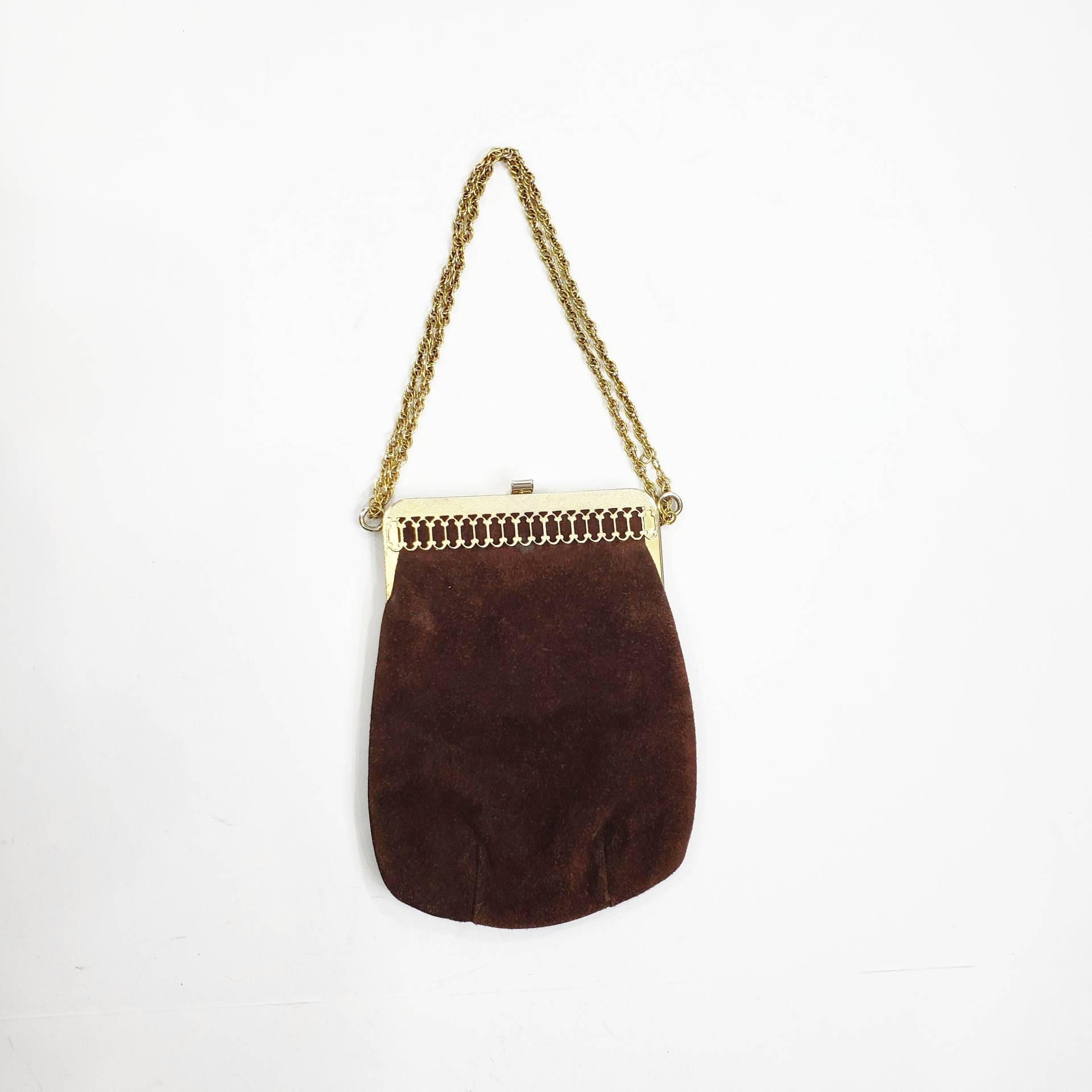 Vintage 60Er Jahre Wildleder Wildlederig Verzierter Blumen Gold Rahmen Mit Doppel Kette von VintageRunsDeep