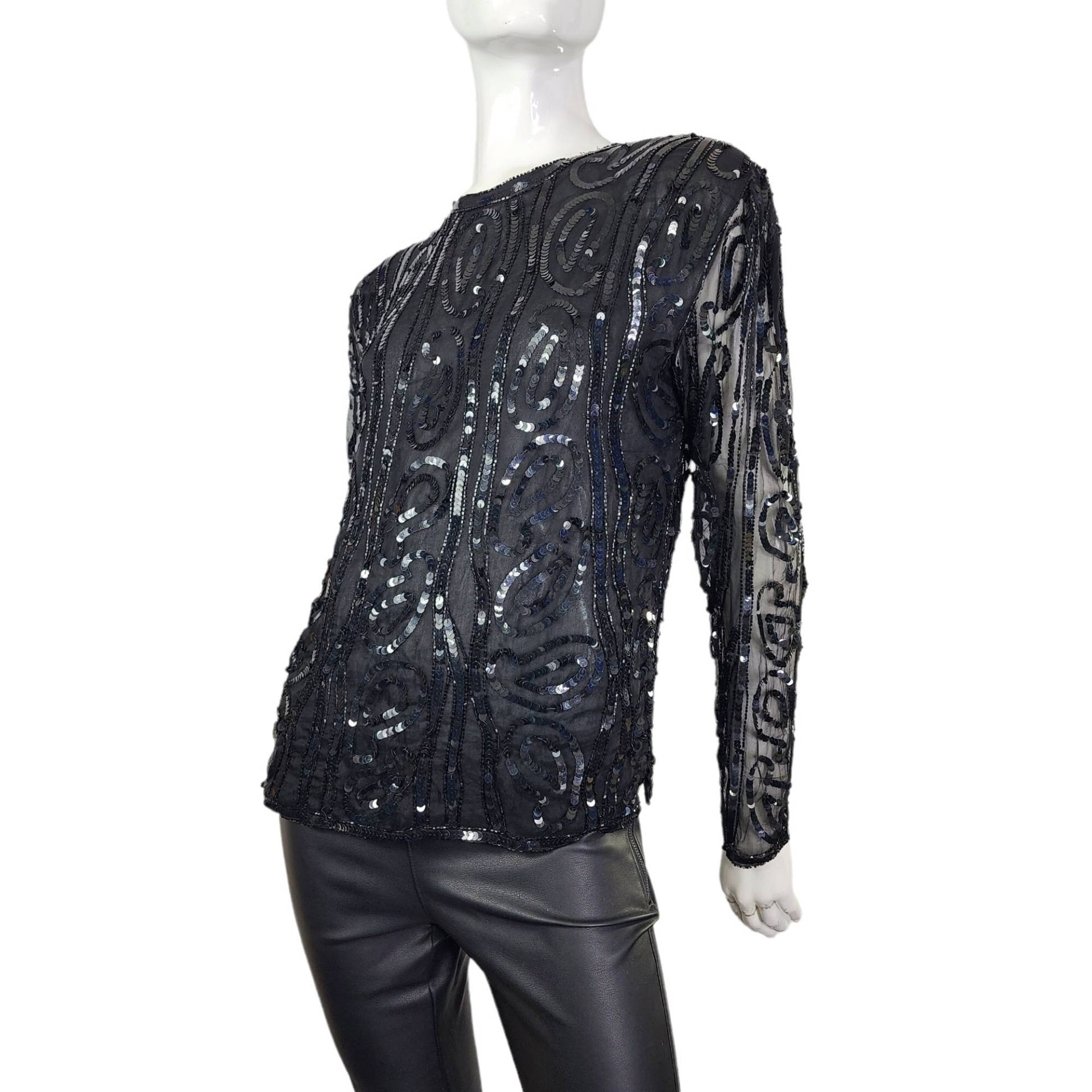 Vintage Jas Designs New York Schwarz Pailletten Blouse Top Small von VintageRunsDeep