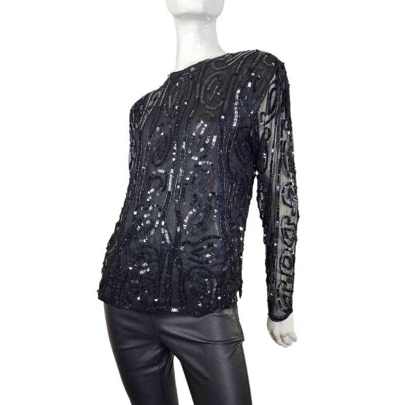 Vintage Jas Designs New York Schwarz Pailletten Blouse Top Small von VintageRunsDeep