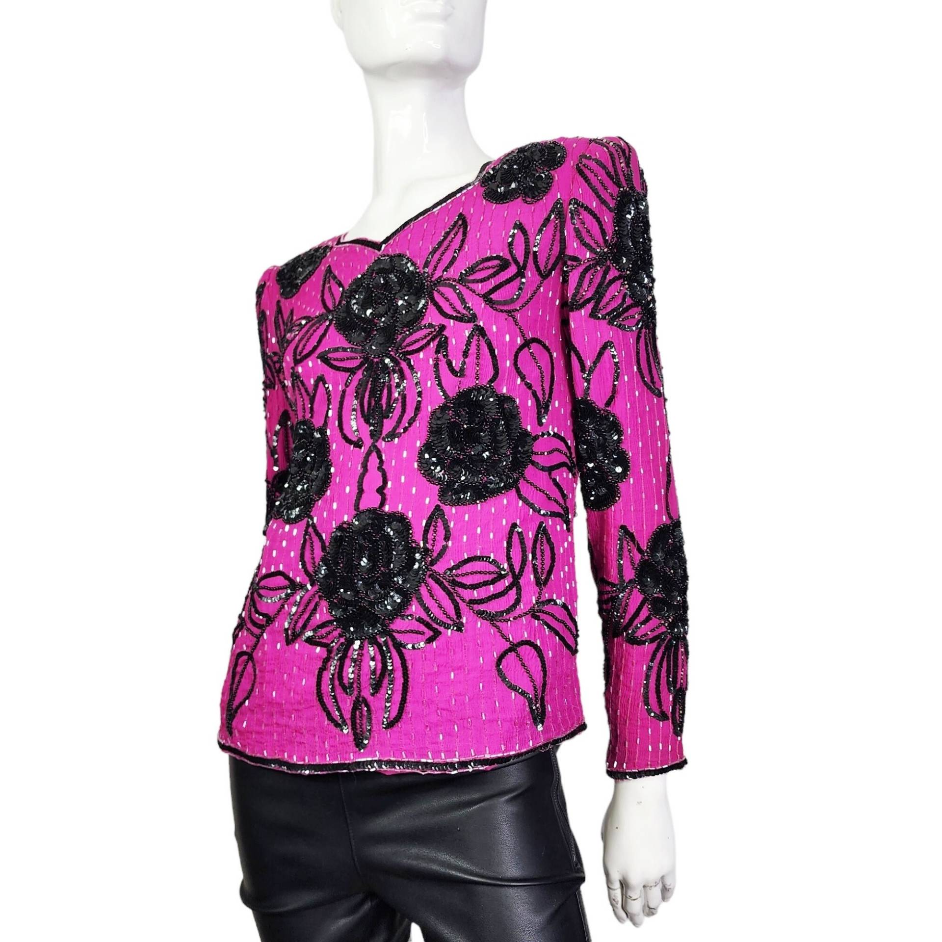 Vintage Leslie Fay Abend Fushia Pink Perlen Bluse S von VintageRunsDeep