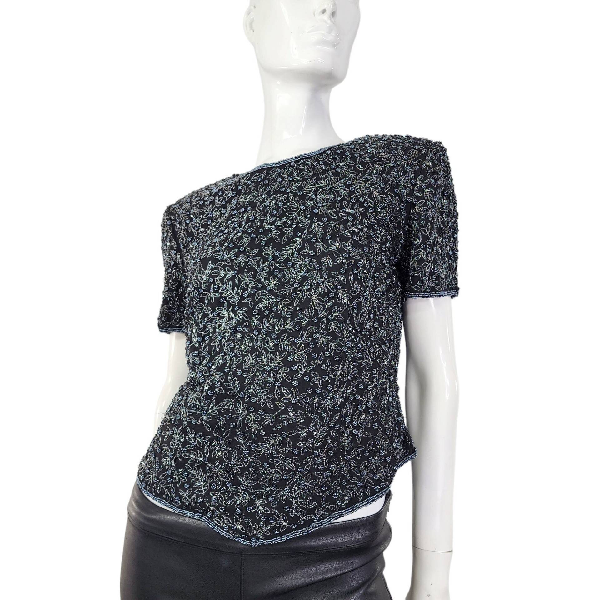 Vintage Papell Boutique Schwarze Und Graue Perlen Bluse S/M von VintageRunsDeep