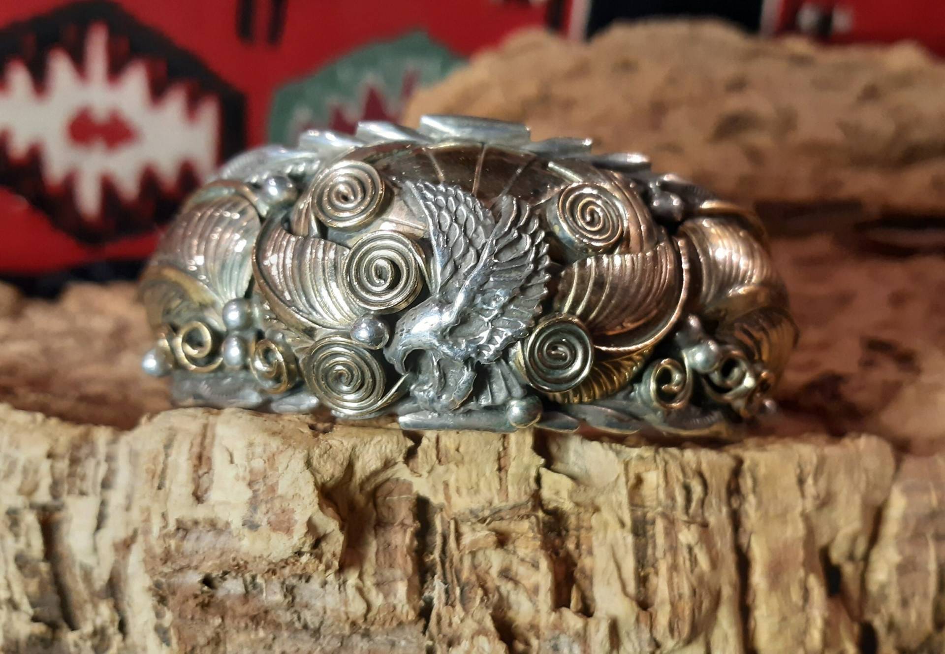 Prächtiger Armreif Navaho, Herren, Adler Landing Eagle, Sonne, Allan Chee, 925Er Sterlingsilber Teilweise Vergoldet Prächtiger Armreif Navaho, Herren, Adler Landing Eagle, Sonne, Allan Chee, 925Er Sterlingsilber Teilweise Vergoldet von VintageSchmuckKunst