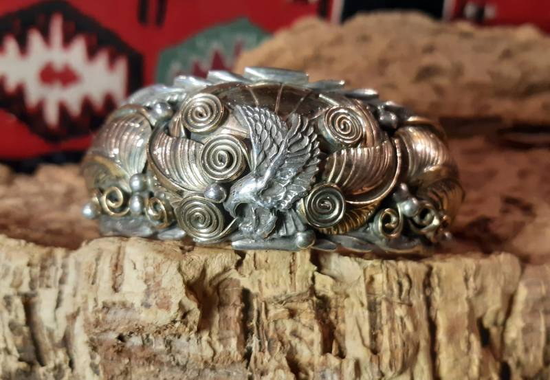 Prächtiger Armreif Navaho, Herren, Adler Landing Eagle, Sonne, Allan Chee, 925Er Sterlingsilber Teilweise Vergoldet Prächtiger Armreif Navaho, Herren, Adler Landing Eagle, Sonne, Allan Chee, 925Er Sterlingsilber Teilweise Vergoldet von VintageSchmuckKunst