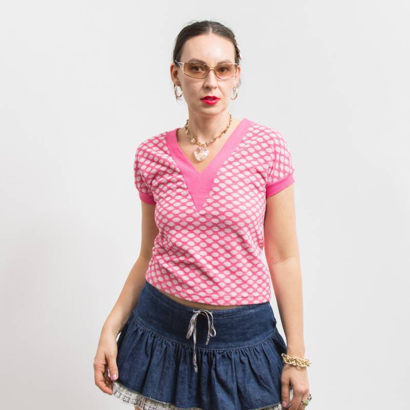 70Er Jahre Kurzarm Top Frottee Gepunktete Bluse V Ausschnitt Damen Gr. M von VintageShopGertrude