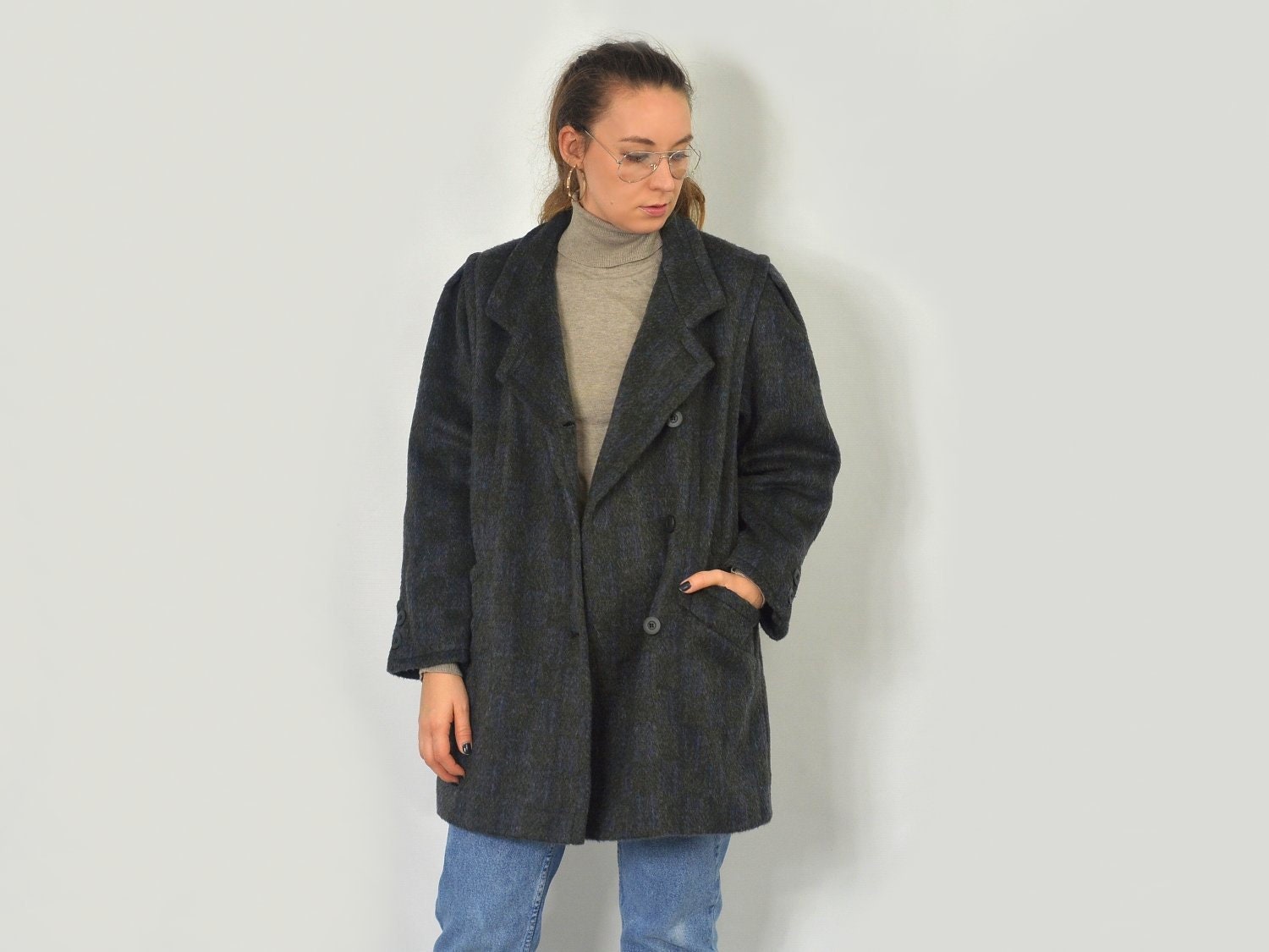 80Er Jahre Wolle Mantel Mohair Grau Kariert Graue Warme Vintage Jacke Winter Frauen Große L von VintageShopGertrude