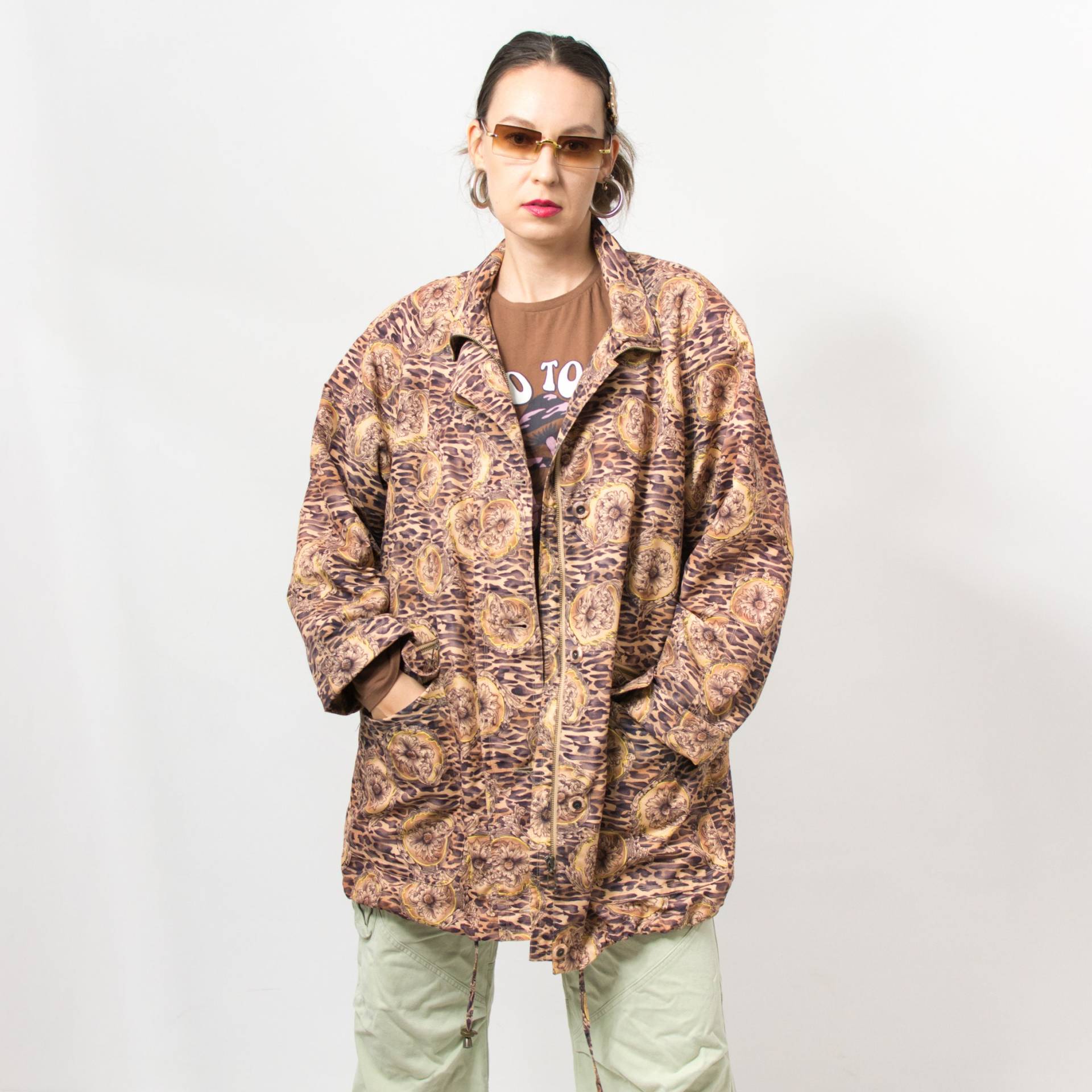 80Er Windbreaker Vintage Jacke Bedruckt Leopard Schulterpolster Damen Größe Xxl von VintageShopGertrude