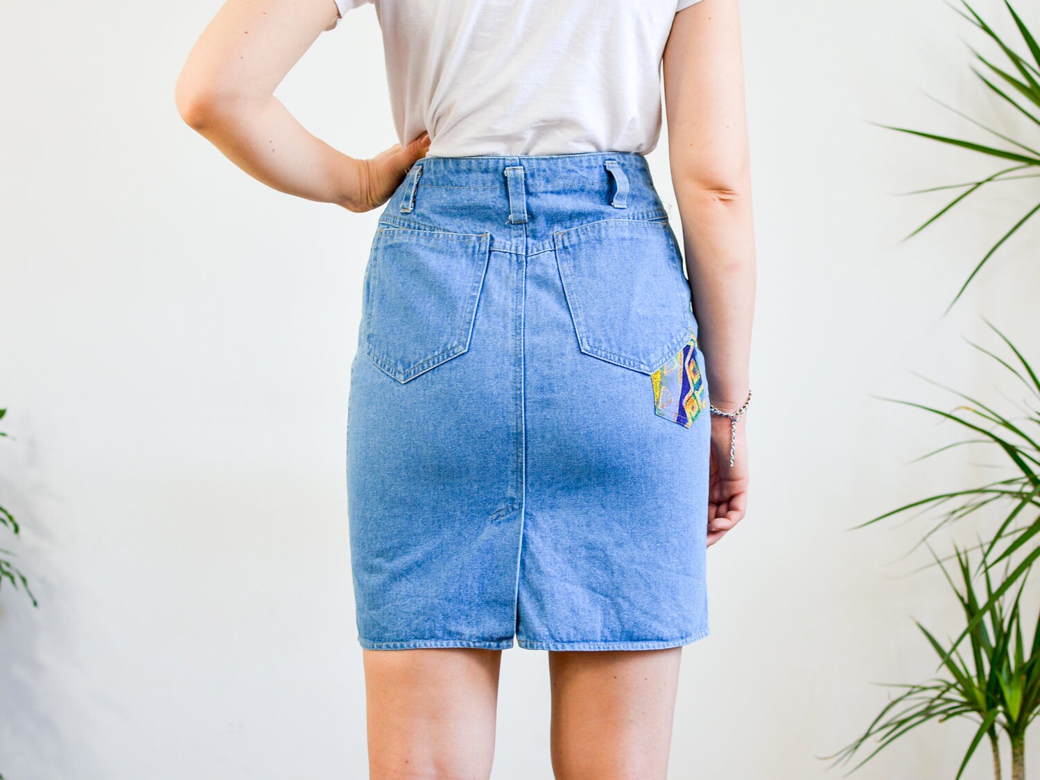 90 Es Mini-Rock W28 Denim Vintage Super High Waist Blau Gefleckter Jeans-Bleistift S Klein von VintageShopGertrude