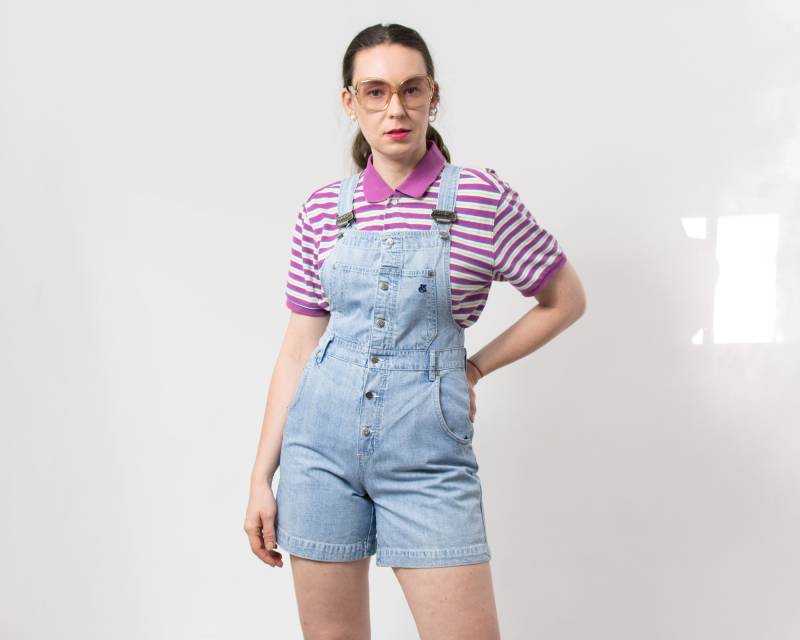 90Er Overall Shorts Vintage Redstar Shortalls Blaue Jeans Latzhose Frauen Größe S/M von VintageShopGertrude