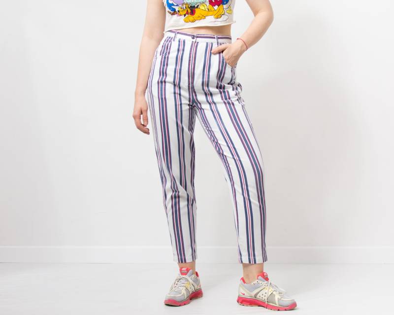 90Er Vintage New Look Mom Jeans Gestreift Tapered Bein Damen Größe L von VintageShopGertrude