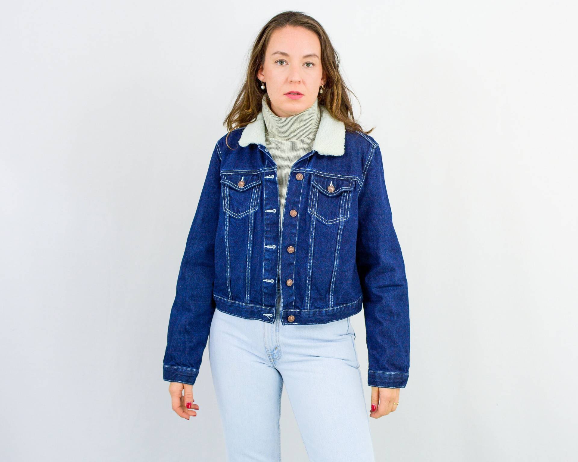 Blaue Jeansjacke Cropped Vintage Jeans Kunstfell Kragen Shearling L/xl von VintageShopGertrude