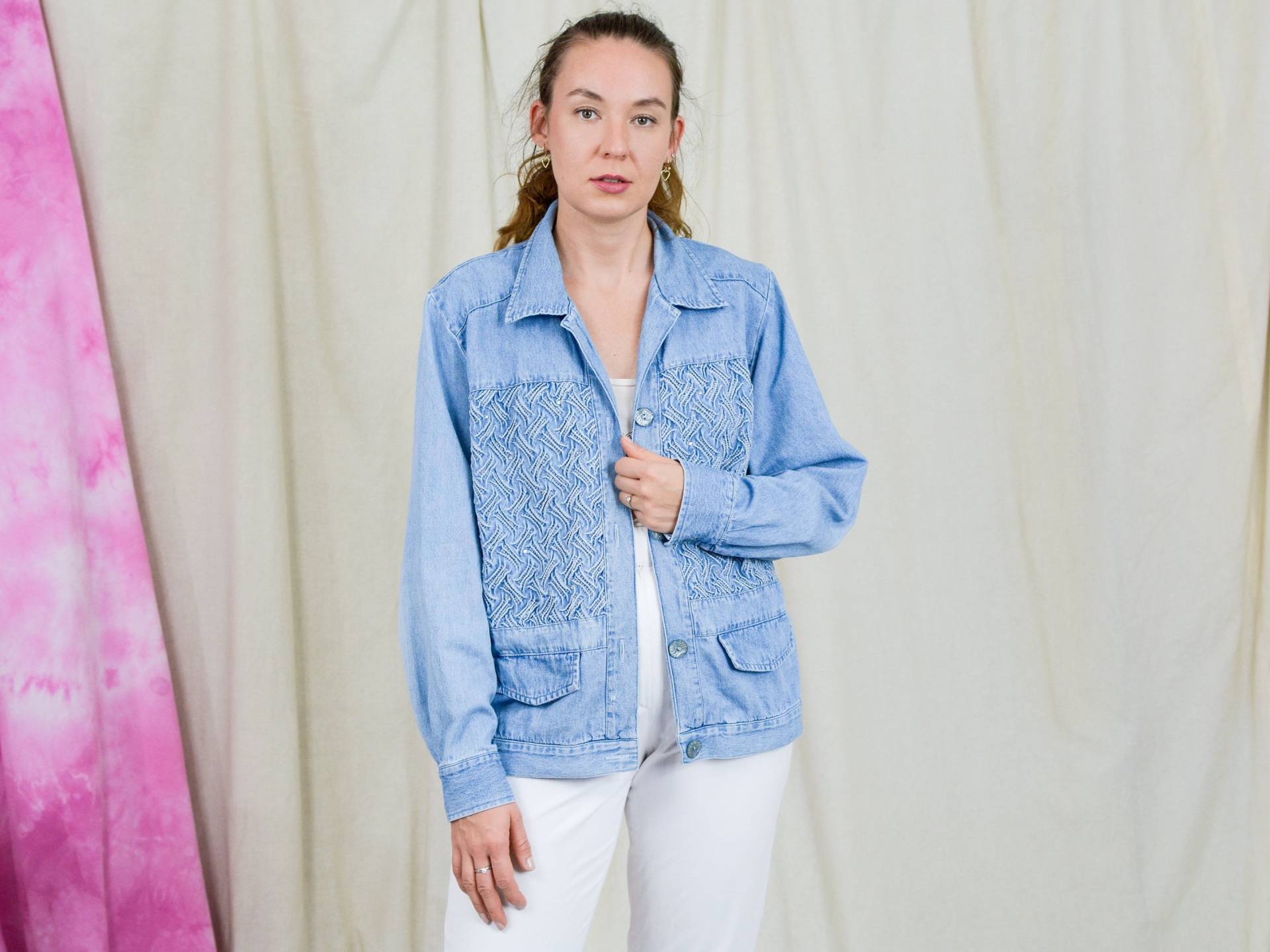 Blaue Jeansjacke Geflochtenes Muster Vintage 90Er Jahre Langarm Frauen L/xl von VintageShopGertrude