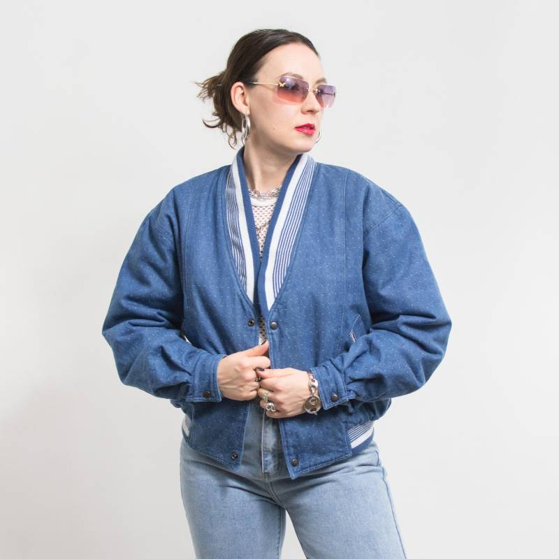 Bomber Jeans Jacke 80Er Jahre Vintage Blau Oversized Damen Gr. L/xl von VintageShopGertrude
