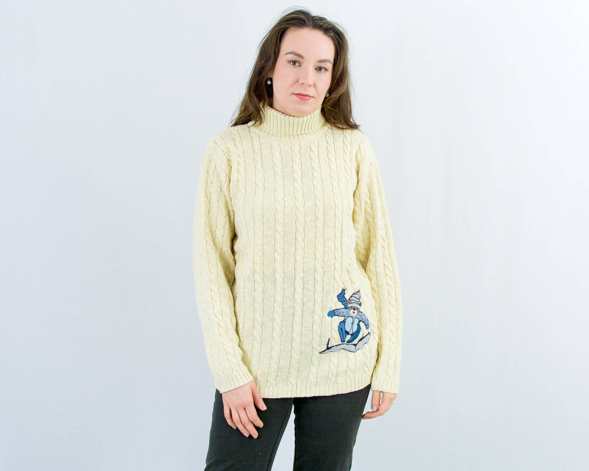 Creme Rollkragenpullover Vintage 90Er Jahre Beige Pullover Wolle Gepatcht M/L von VintageShopGertrude